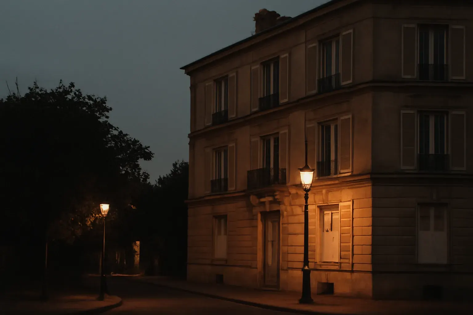 Un coin de rue résidentiel calme près du studio, au crépuscule — une façade d'immeuble parisien classique aux fenêtres à volets et balcons en fer forgé, sous des réverbères qui s'allument.