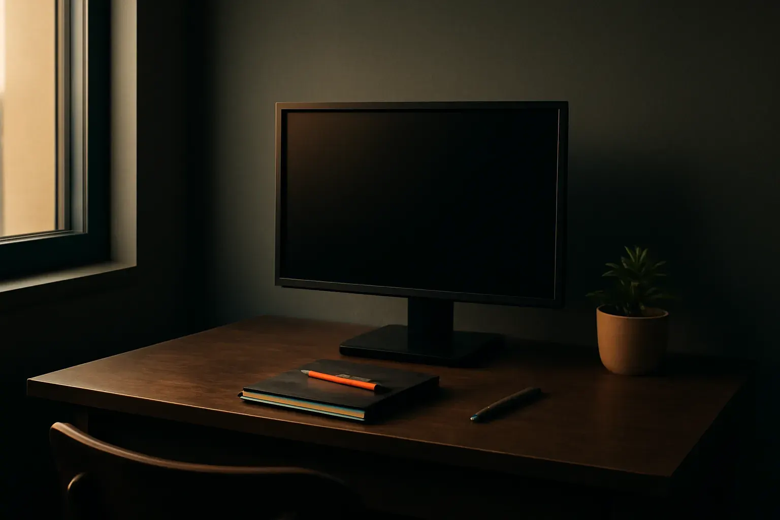 L'atelier du studio, au crépuscule — un bureau vide avec un carnet fermé, un crayon et une petite plante, une lumière de fenêtre chaleureuse et un petit objet vermillon posé sur le bureau.