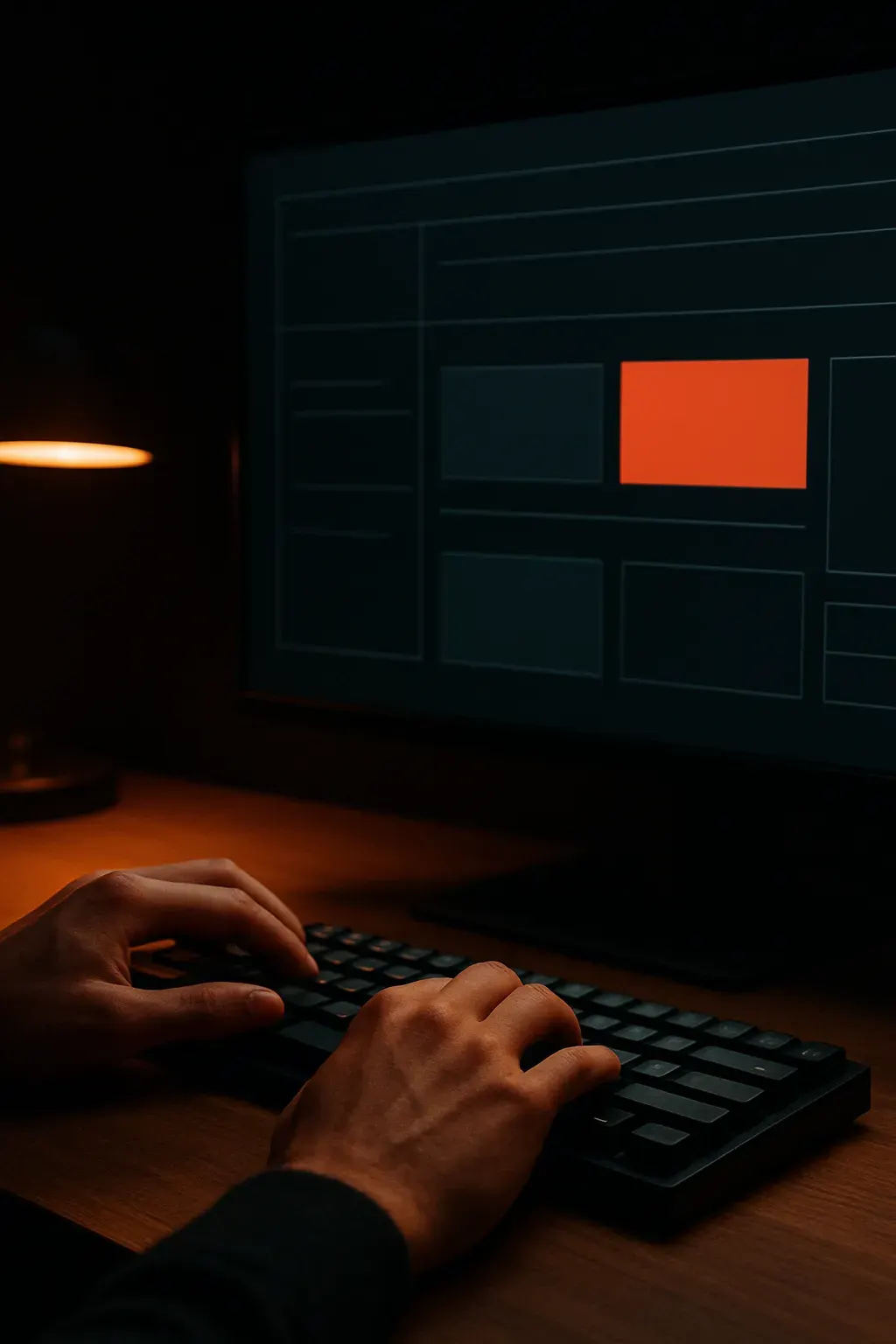 A designer's hands resting on a keyboard in front of a dark-mode monitor at night, the screen showing an abstract website layout in blocked-out panels with a single vermilion accent block.