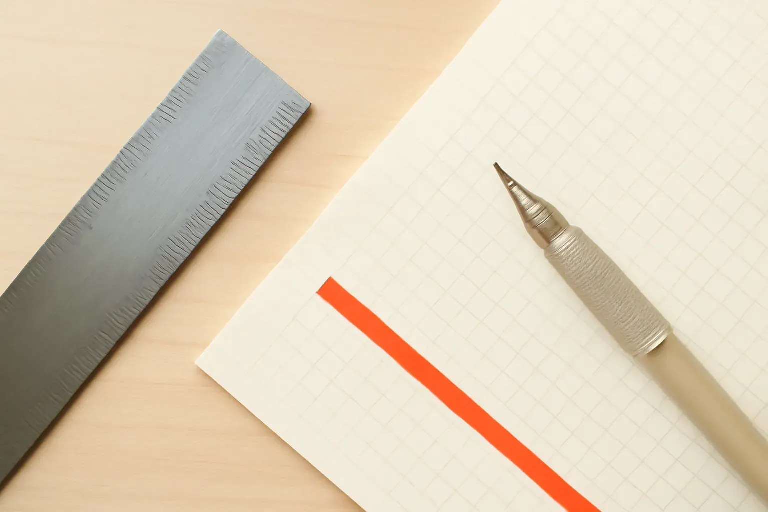 A close, high-key overhead detail of a metal ruler and pencil on a hairline-ruled grid sheet, with one strip of vermilion tape marking a measured line.