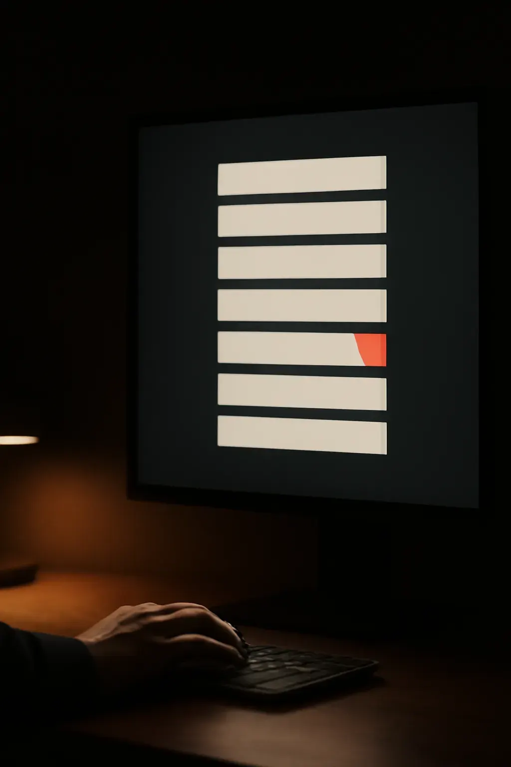 A quiet late-night studio desk, a monitor glowing with an abstract status dashboard — even bars and one steady vermilion indicator — a hand resting calmly nearby.