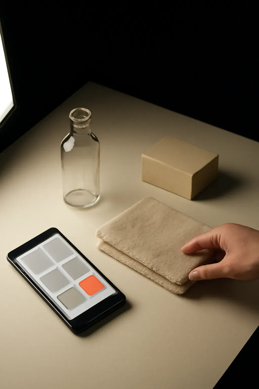 Une vue en plongée d'une prise de vue produit en cours sur une table lumineuse, avec une tablette affichant la grille abstraite d'une boutique et un bloc « ajouter au panier » vermillon.