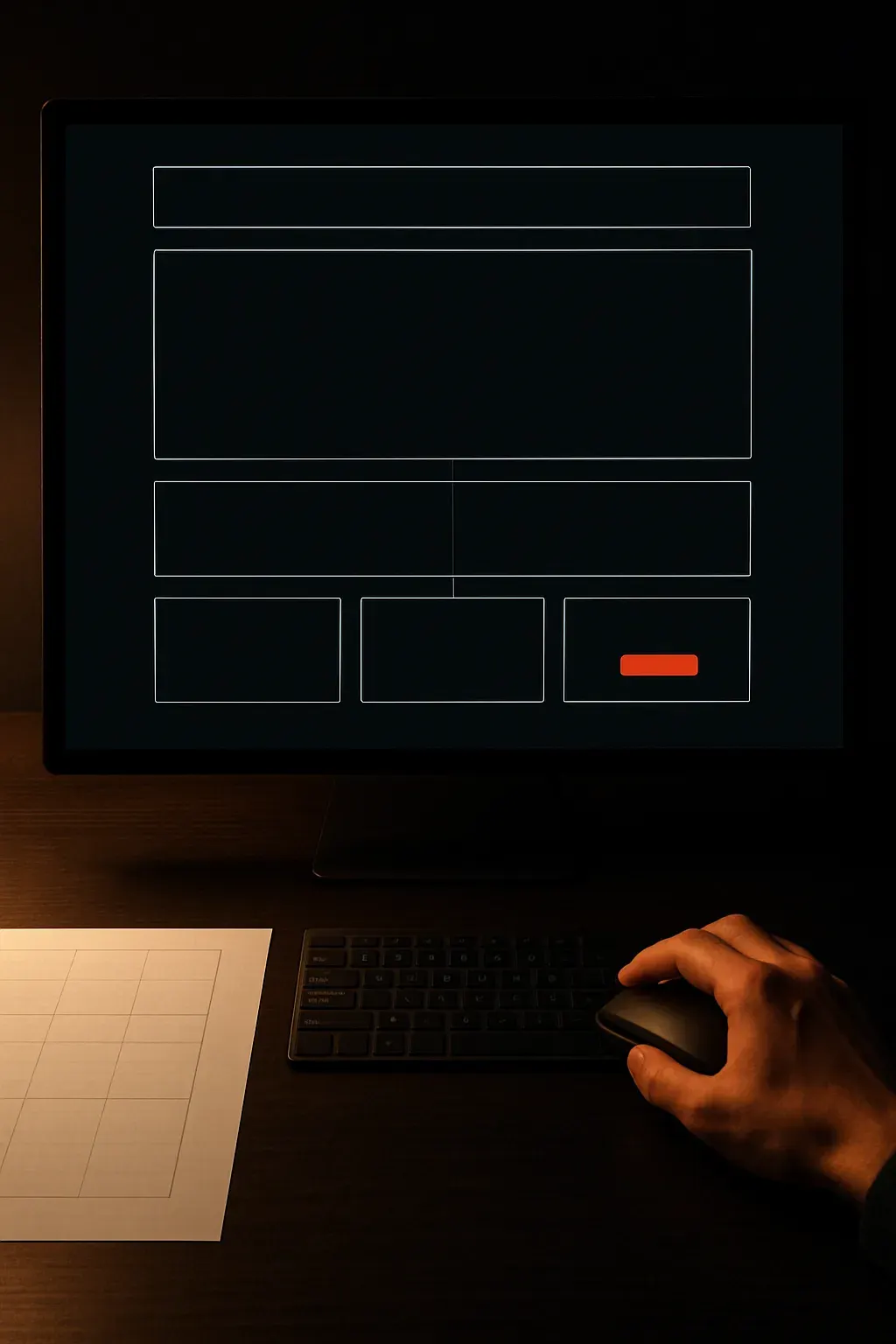 An overhead view of a desk at night, a monitor showing an abstract full-site layout in progress — header, hero and content blocks linked by guides, with one vermilion block marking a call-to-action.