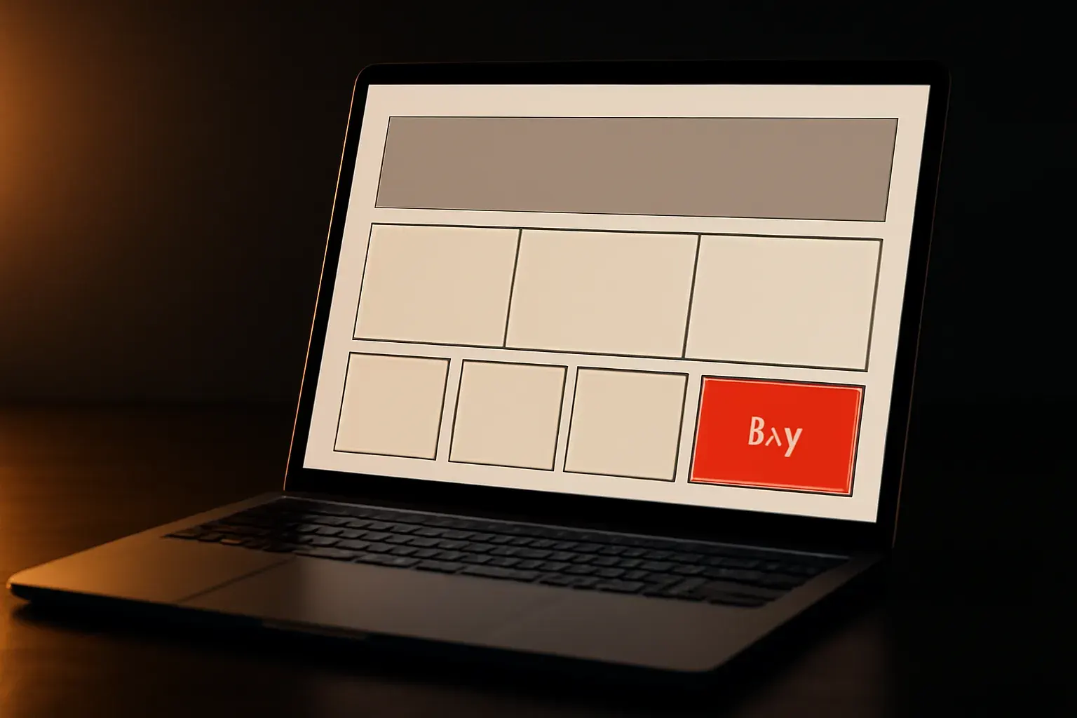 A laptop screen on a desk at night showing an abstract retail-website mockup — a storefront grid of placeholder blocks with one vermilion 'buy' block picked out.