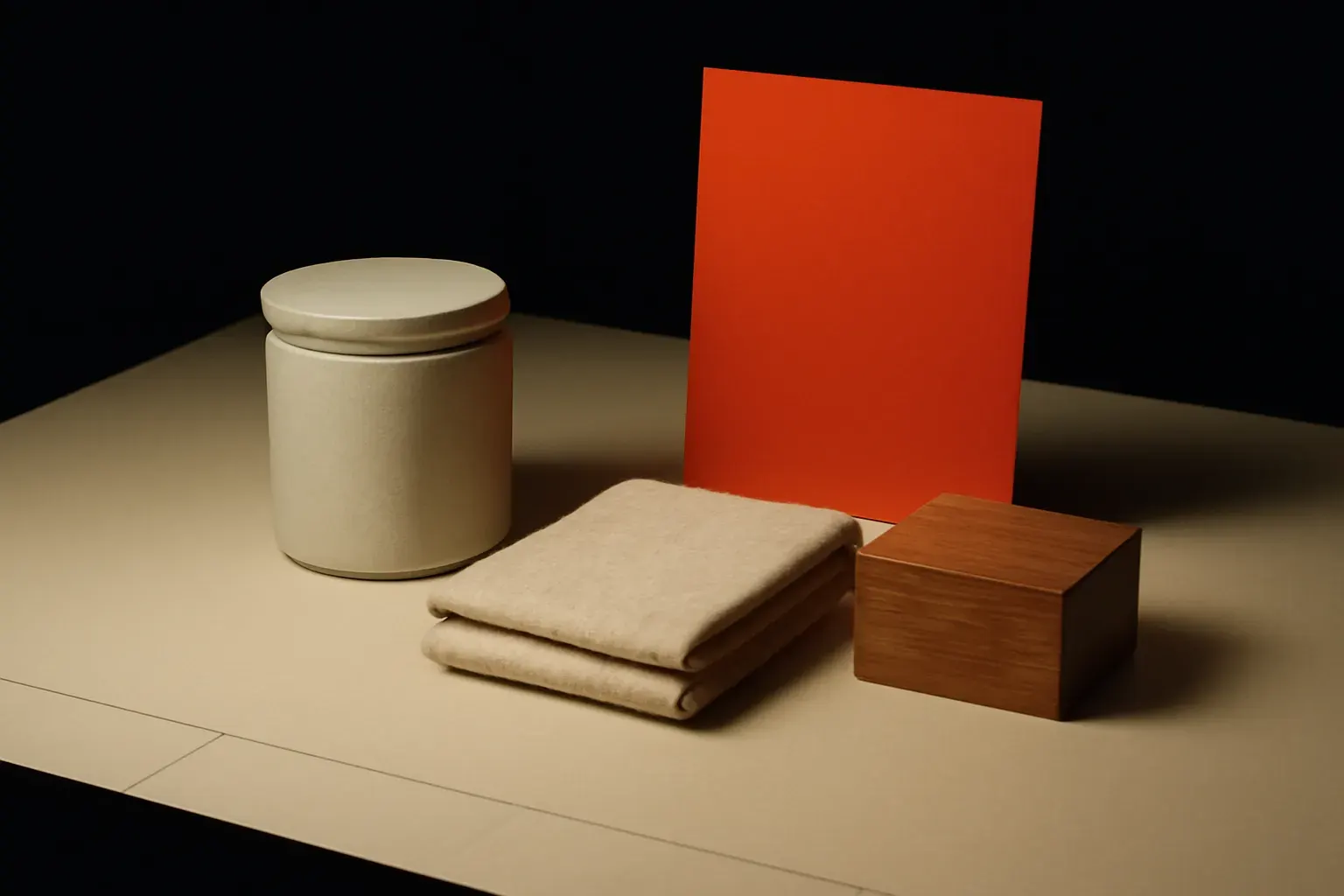 A small product-photography set-up on a studio light table — unbranded ceramic, linen and wood pieces arranged for an e-commerce catalogue shoot, with one vermilion card accent.