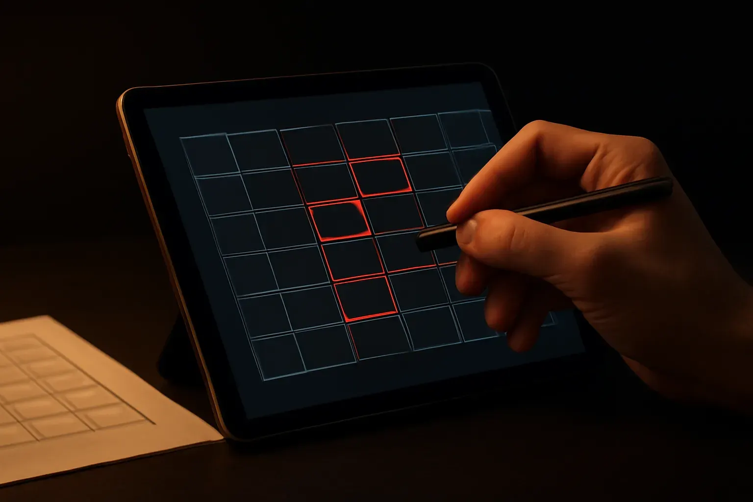 A hand sketching with a stylus over a tablet showing an abstract booking-app interface — a calendar-style grid of blocks with a few highlighted in vermilion.
